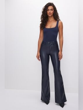 Good American Good Legs Faux Leather Flare Pants Navy Blue Size 28